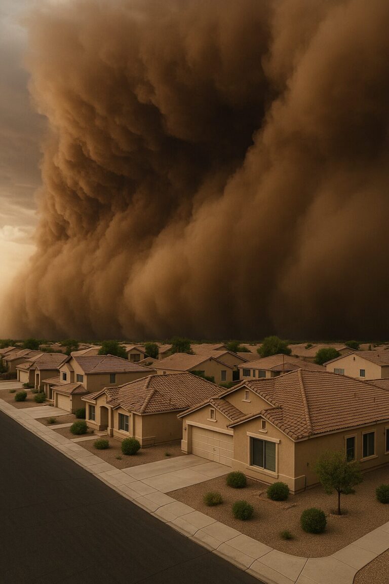 Dust storm approaching suburban homes in Mesa, Arizona